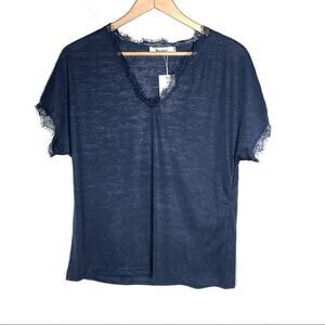 NWT Belinda nave blue dressy v-neck lace trim tee shirt top blouse size small S